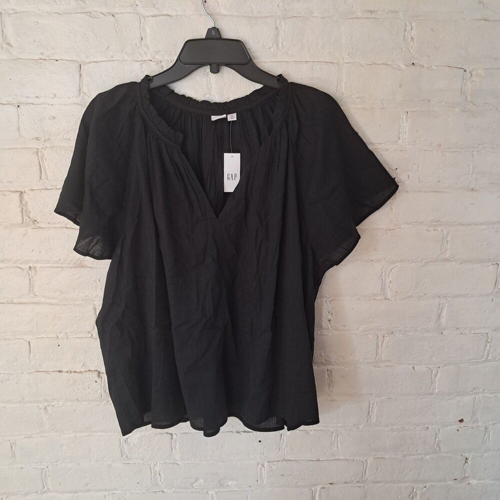 Gap Womens XL Black Splitneck Top Flutter Sleeves Style 732119 Lightweight NWT